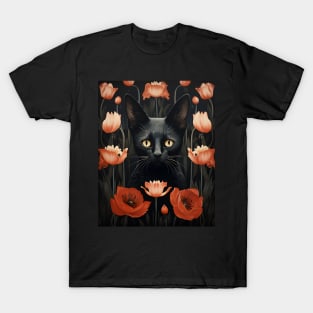 Black Cat Florals Whimsigoth | Gothic Style Kitty and Poppies T-Shirt